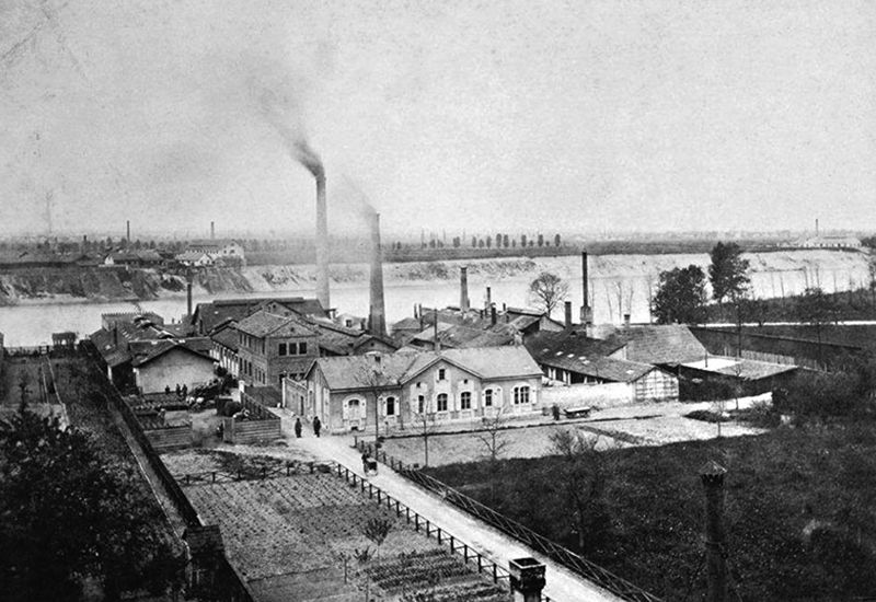 Le site de ce qui allait devenir plus tard la Gesellschaft für Chemische Industrie à Bâle sur le Rhin, vers 1879.